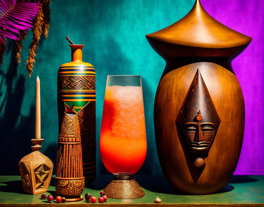 African-inspired still life with wooden mask, vases, candle, and glass on teal backdrop