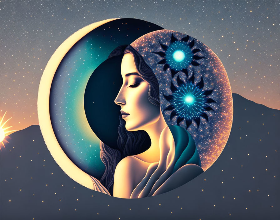 Celestial-themed stylized artwork of a woman in circular frame