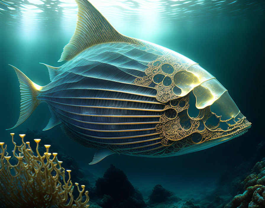 Large artistic fish with golden patterns swimming near coral in deep blue underwater scene