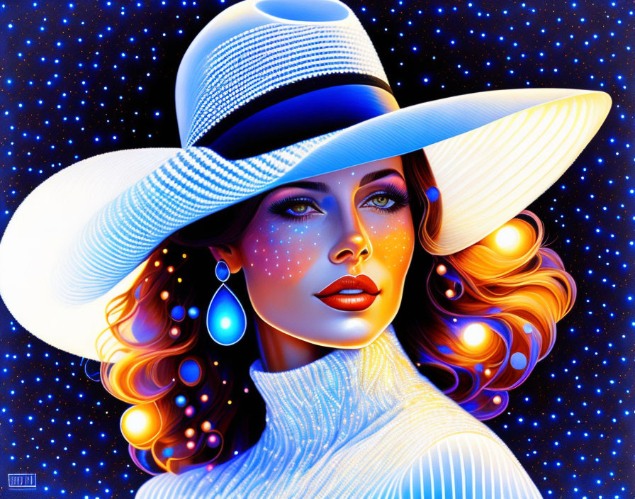 Stylized portrait of woman in blue and orange tones with large-brimmed hat against starry