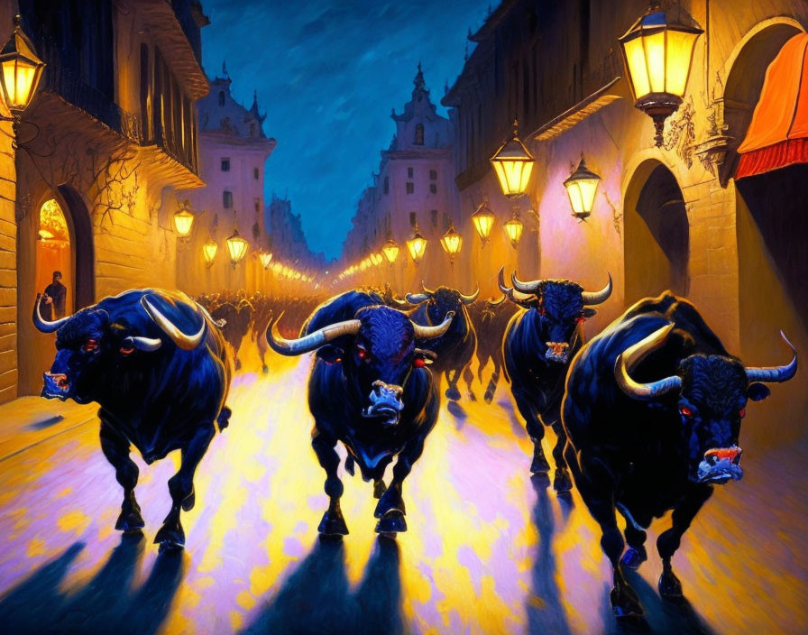 Animated bulls charging through warmly-lit European street at dusk