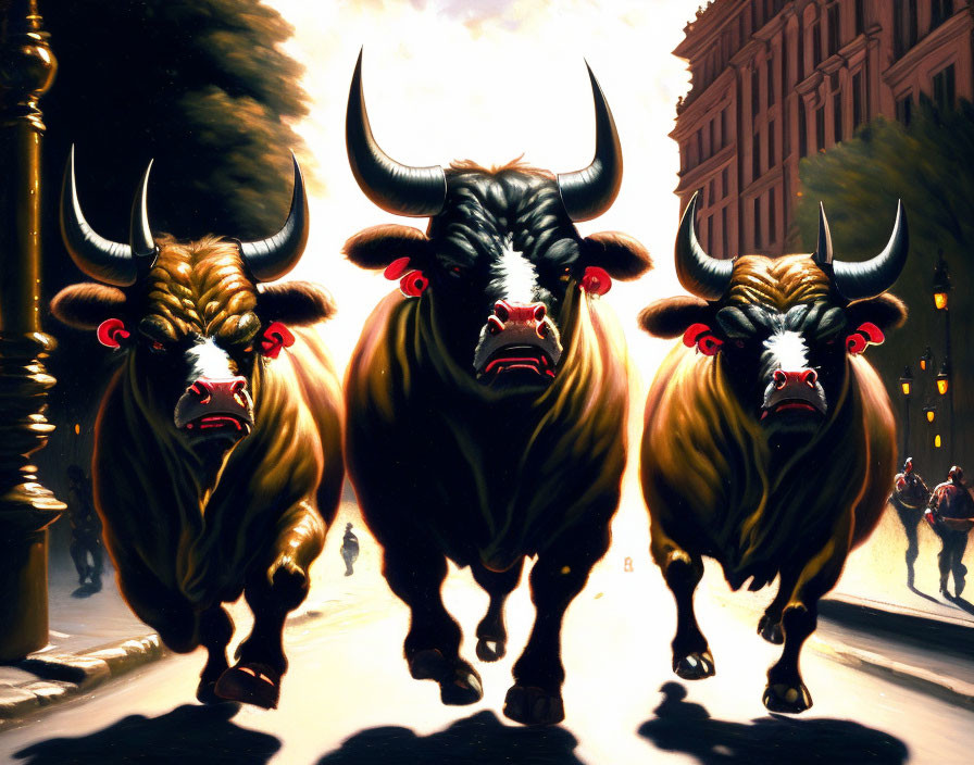 City street scene: Three bulls charging with onlookers.