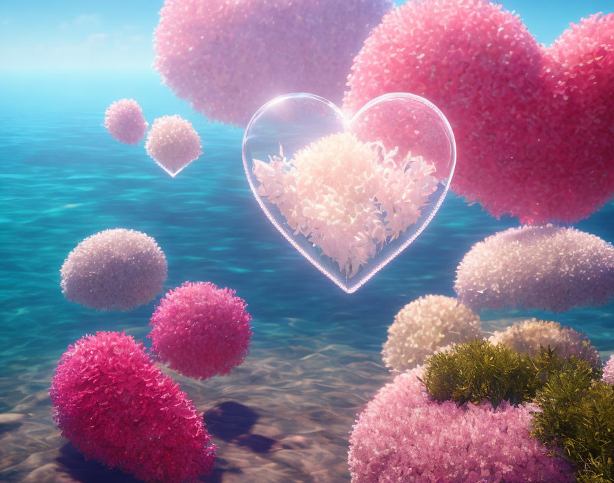 Heart-shaped bubble with delicate flowers among coral-like formations in underwater light