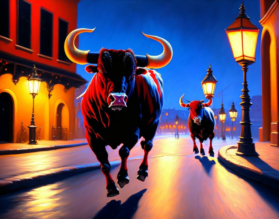 Animated bulls with glowing horns on moonlit street.