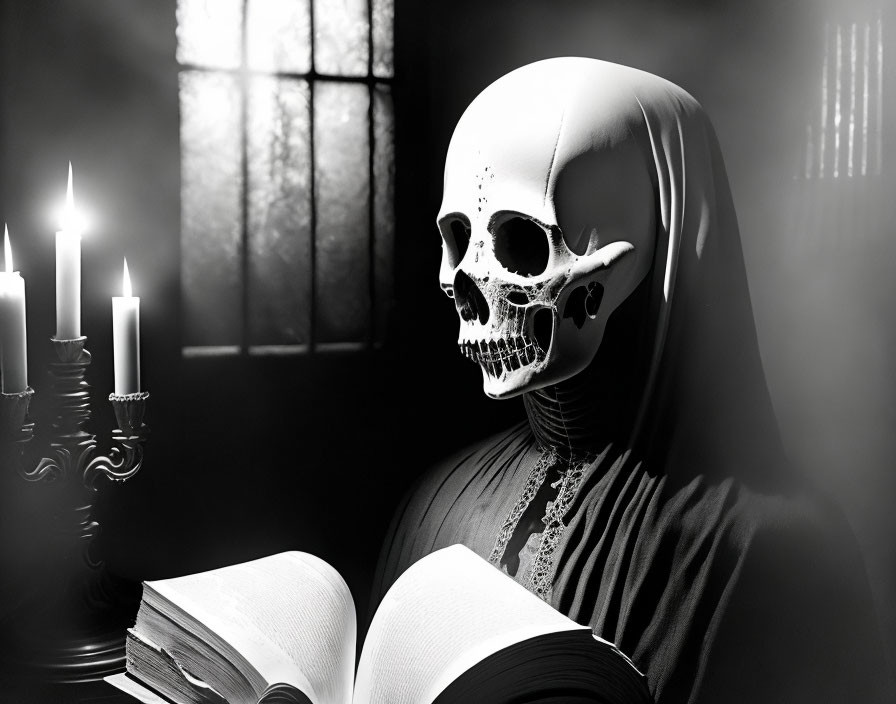 Monochrome image of skull with veil reading by candlelight