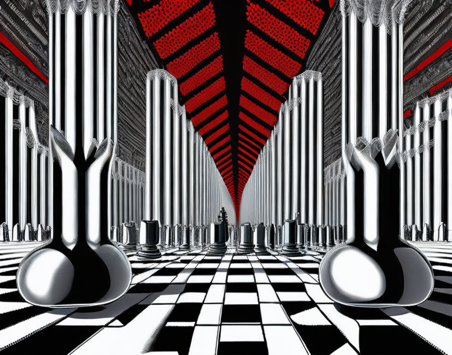 Checkerboard Floor with Fork Trees, Columns, and Lone Figure in Surreal Setting