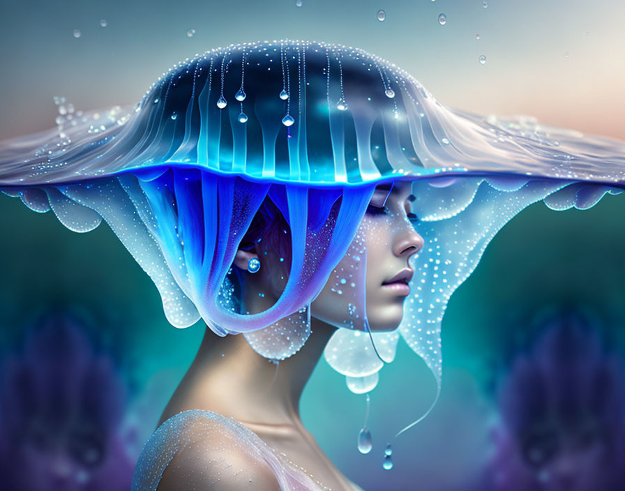 Surreal image: Woman with luminous jellyfish-like hat, glowing blue tendrils, soft