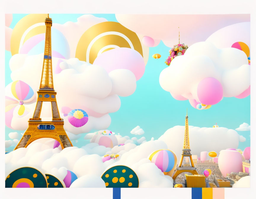 Pastel-colored illustration of Eiffel Tower with balloons and rainbows