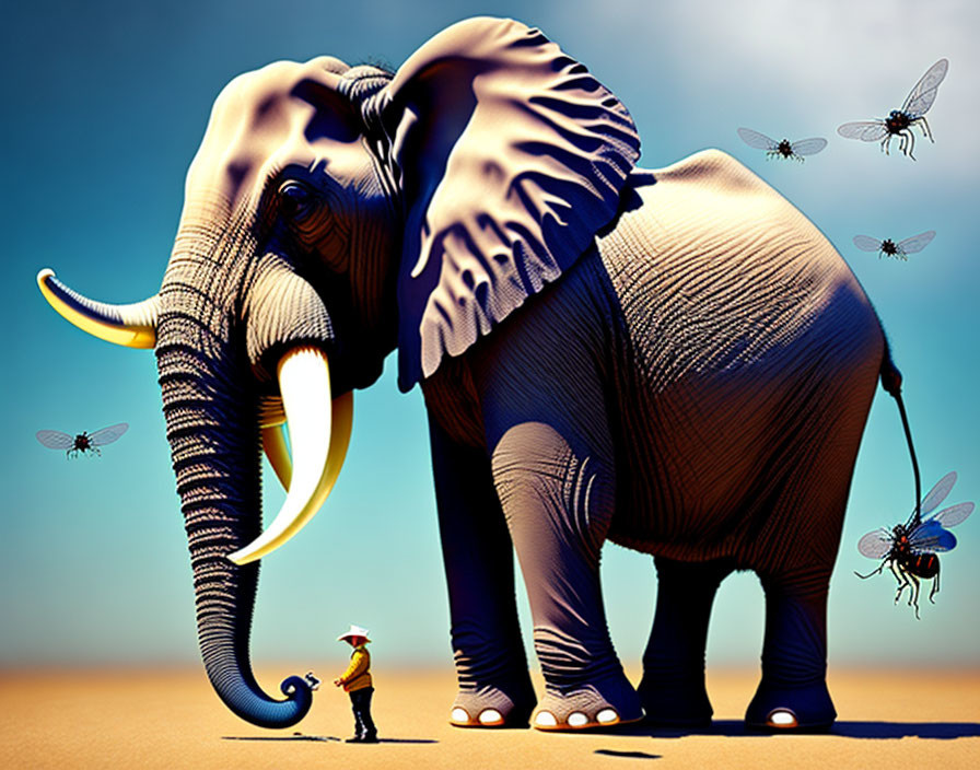 Person in hat with gigantic elephant and oversized bees under clear blue sky