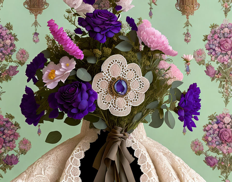 Vibrant purple and pink flower bouquet on floral wallpaper.