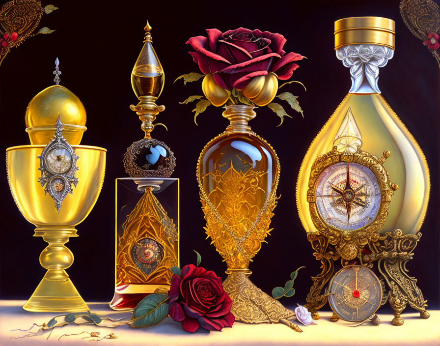 Detailed Golden Still Life with Goblet, Rose, Watch, and Perfume Bottle