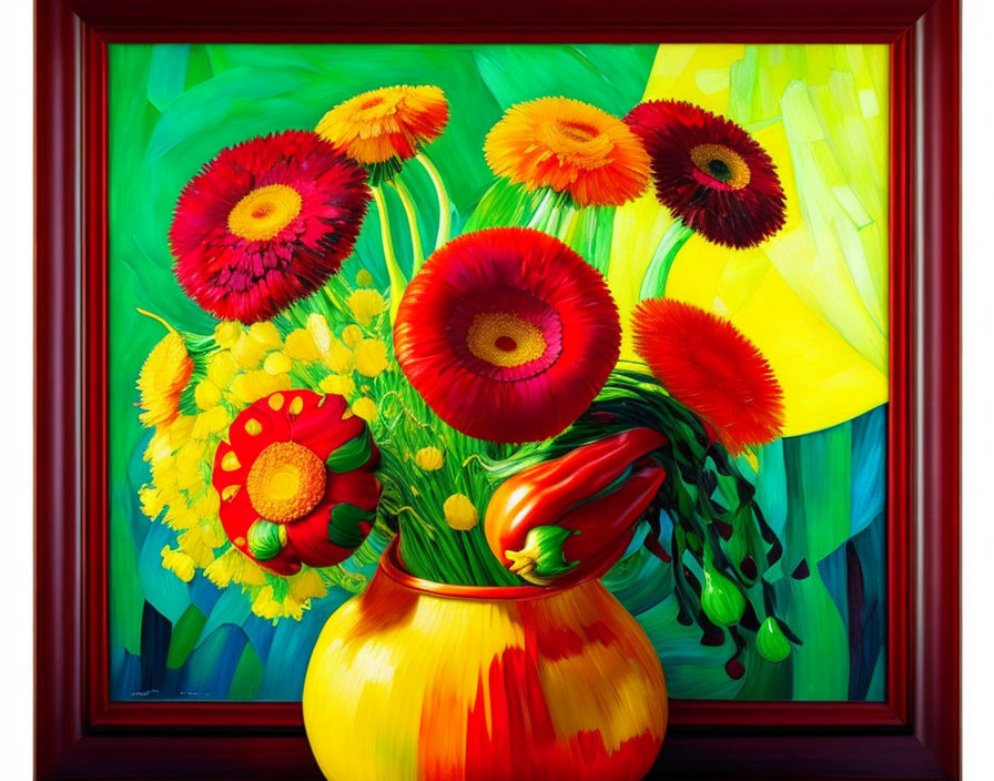 Colorful painting of red and orange gerbera flowers in a yellow vase on lush green background