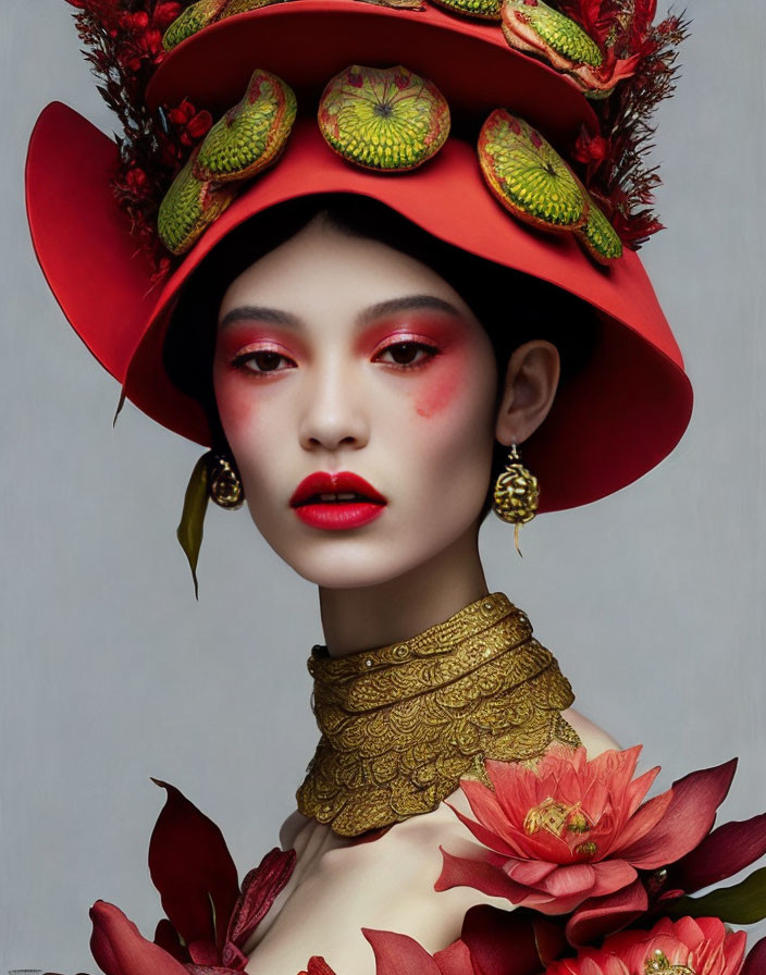 Vibrant red makeup, hat with strawberries, golden earrings, choker, and floral accents.