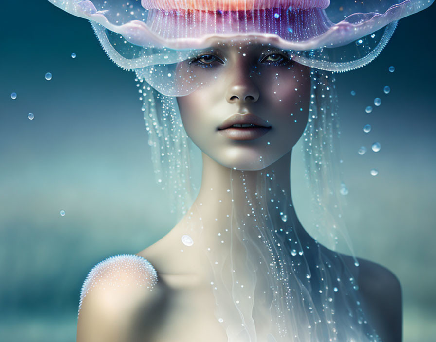 Surreal portrait of woman with jellyfish features and underwater ambiance