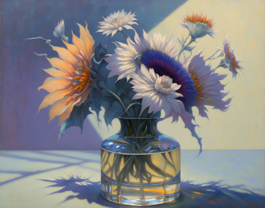 Realistic painting of glass vase with sunflowers and daisies on purple and yellow backdrop