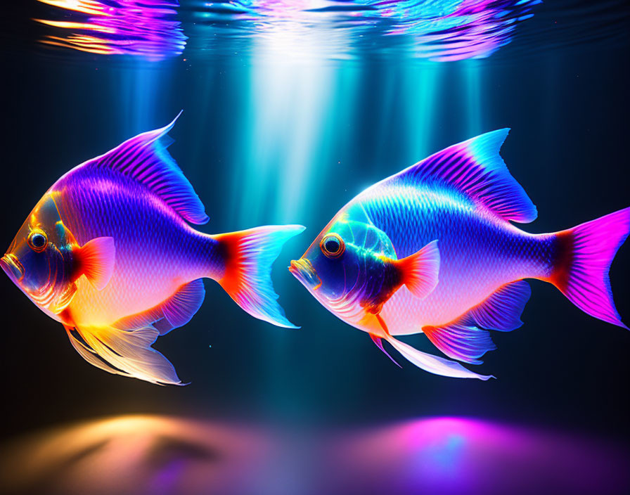 Colorful Neon Fish Swimming Underwater with Light Rays