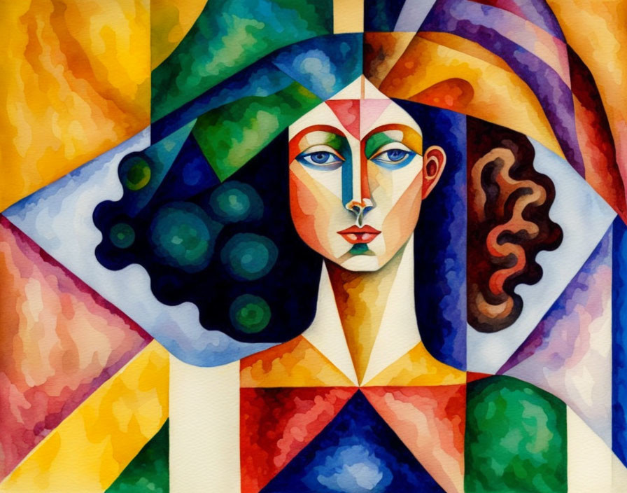 Vibrant cubist painting of stylized female face with geometric shapes