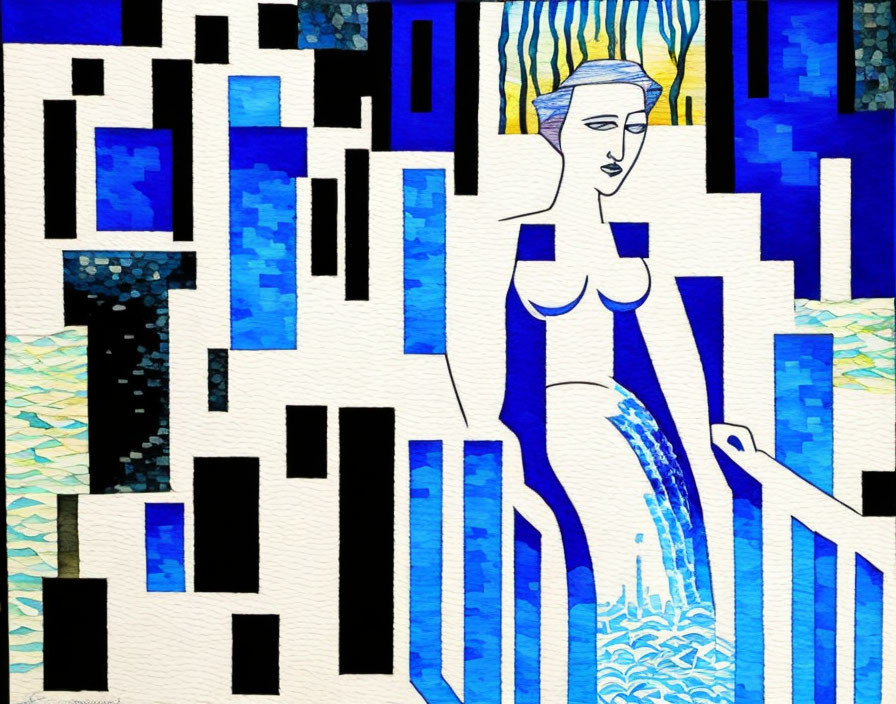 Geometric abstract painting: stylized female figure in blue and black cityscape/water wave patterns with