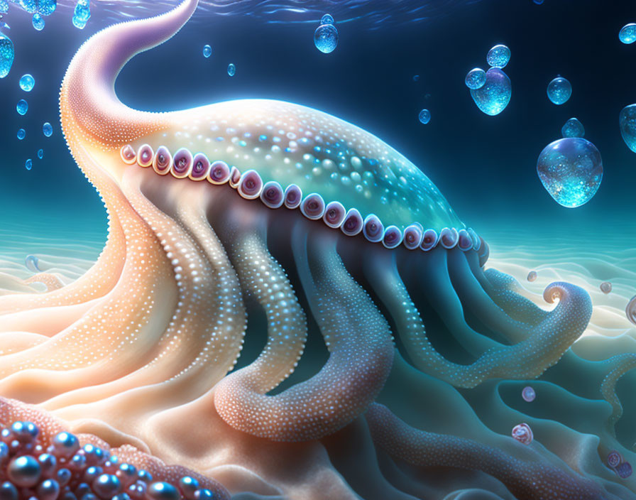 Vibrant digital illustration of octopus in deep-sea setting