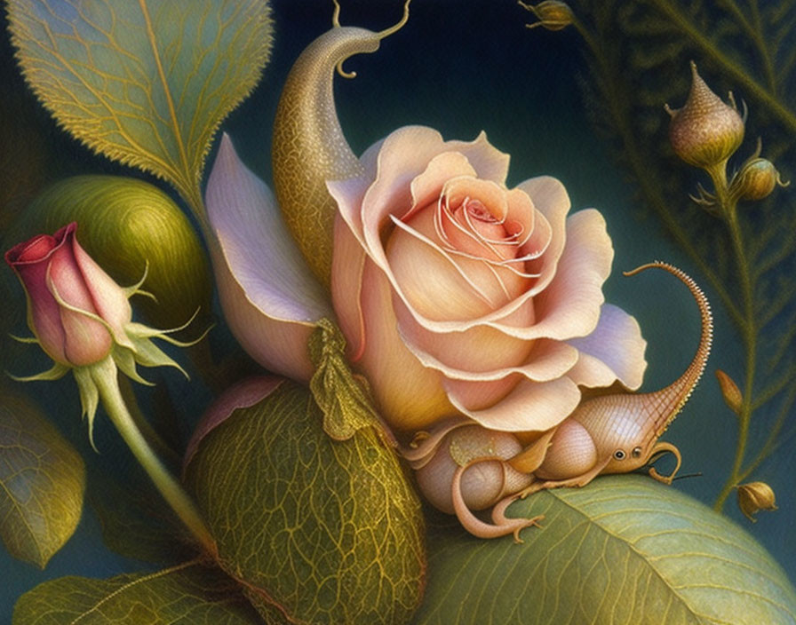 Detailed Painting of Peach-Colored Rose with Snails in Green Setting