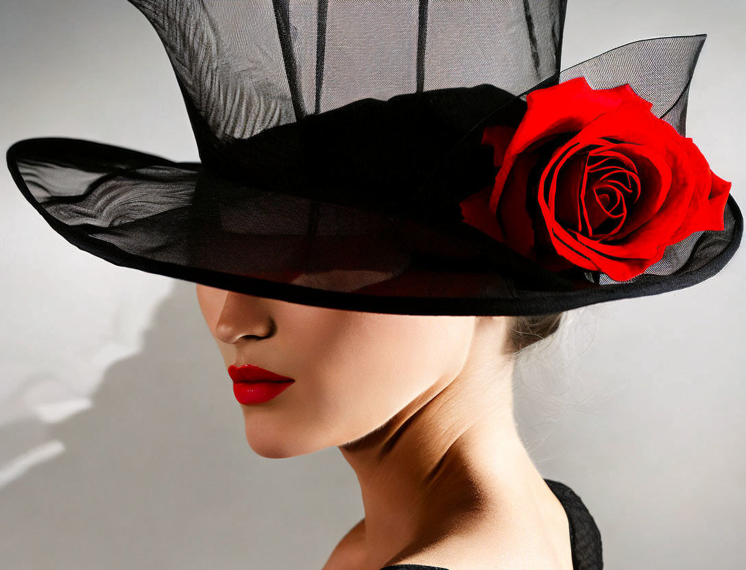 Woman in Large Black Hat with Red Rose and Lipstick Portrait