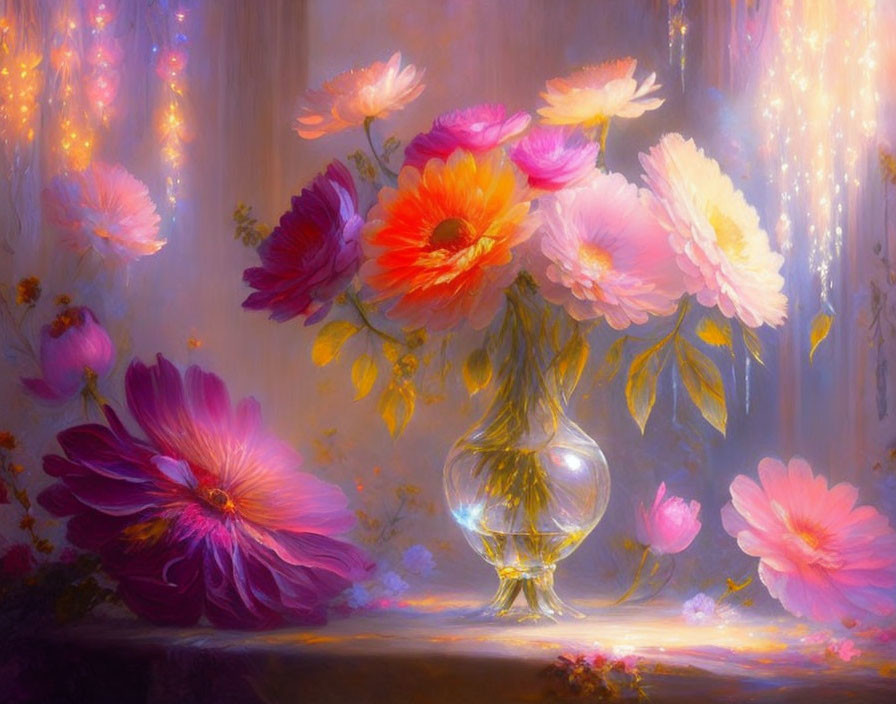 Colorful Flowers in Transparent Vase Against Dreamy Background