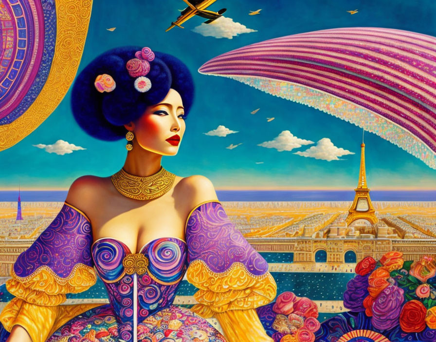 Colorful painting of a woman in Parisian attire with landmarks and whimsical sky