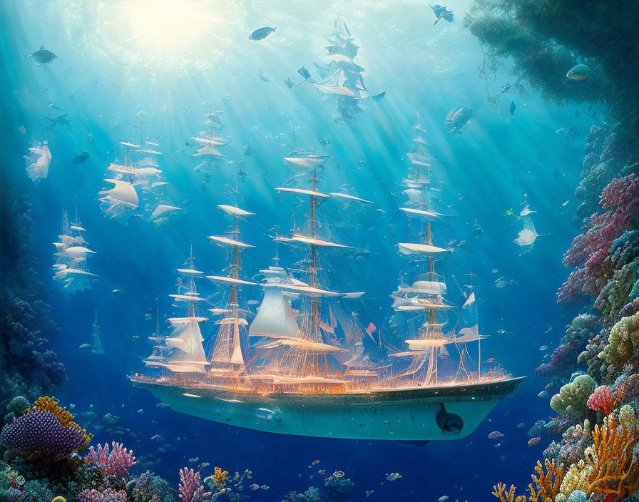 Fantastical ship in vibrant underwater scene surrounded by fish and coral reefs