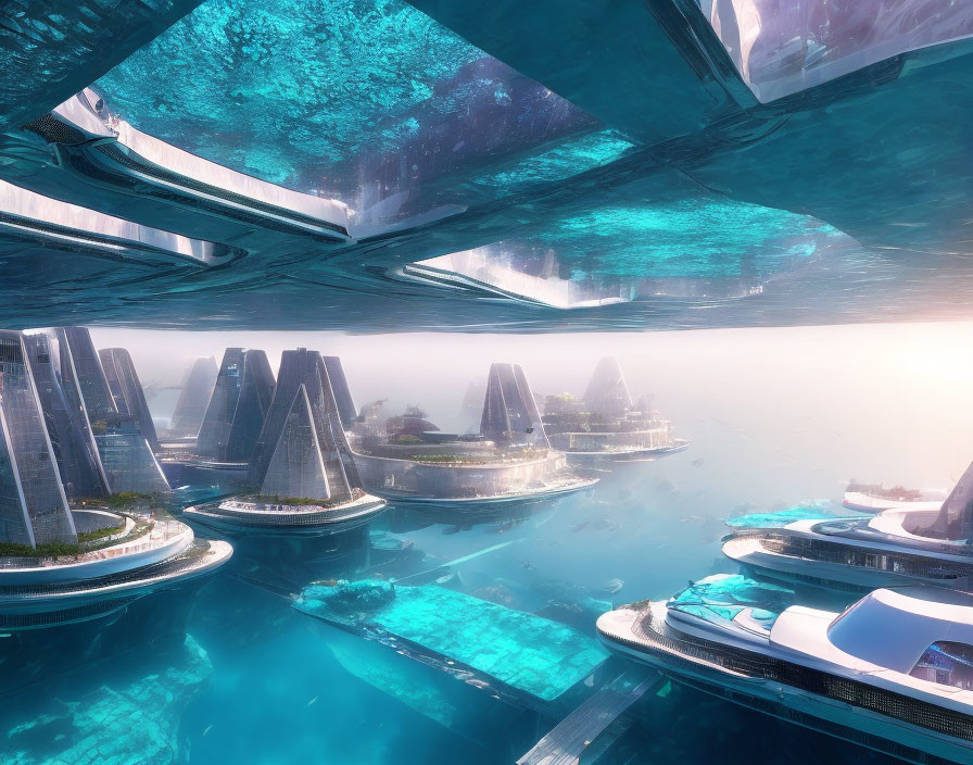 Advanced underwater city with transparent tunnels and soft lighting