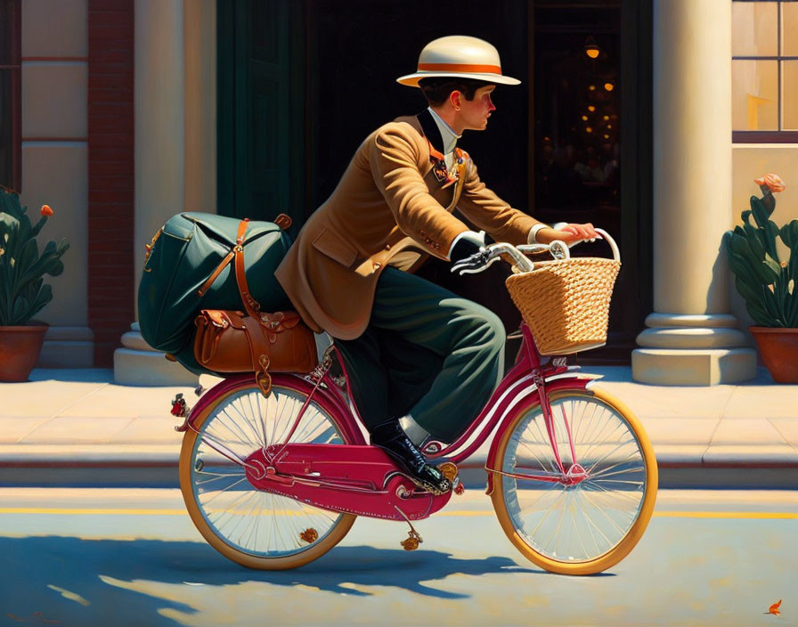 Vintage uniformed person rides red bicycle with wicker basket and saddlebags.