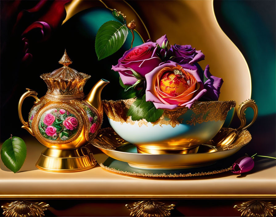 Floral Design Teapot and Cup with Gold Accents on Shelf