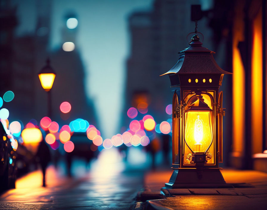 Ornate lantern glowing amid colorful bokeh lights on city street