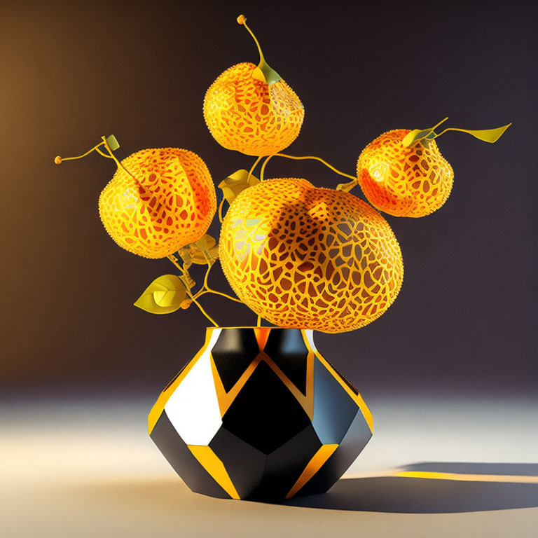 Ornate 3D vase with golden lattice pears bouquet