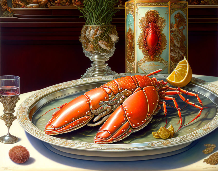 Realistic painting of cooked lobster on silver platter with lemon, herbs, wine, and crock