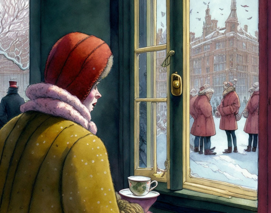 Person in warm hat gazes at snowy scene through window