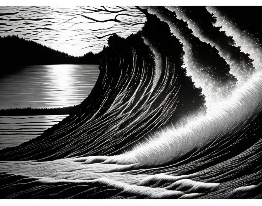 Detailed Monochrome Wave Crest Illustration with Treeline Silhouette