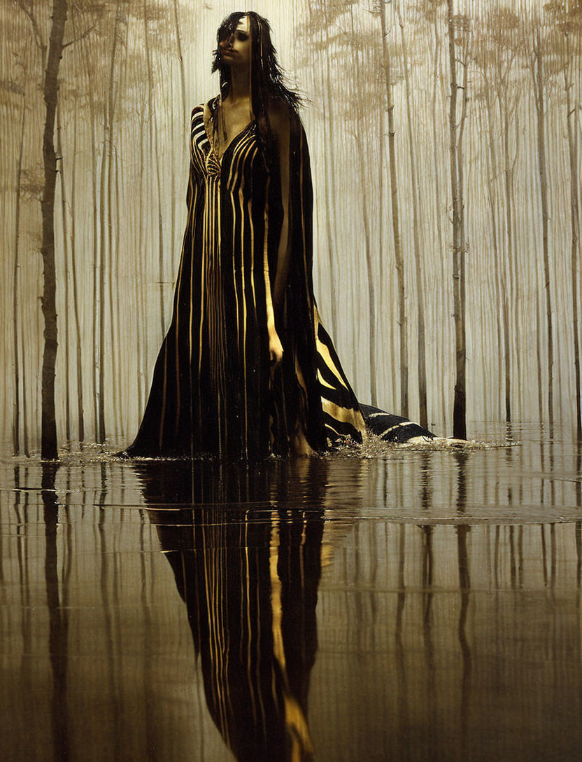 Person in Striped Dress Standing in Water with Forest Reflection