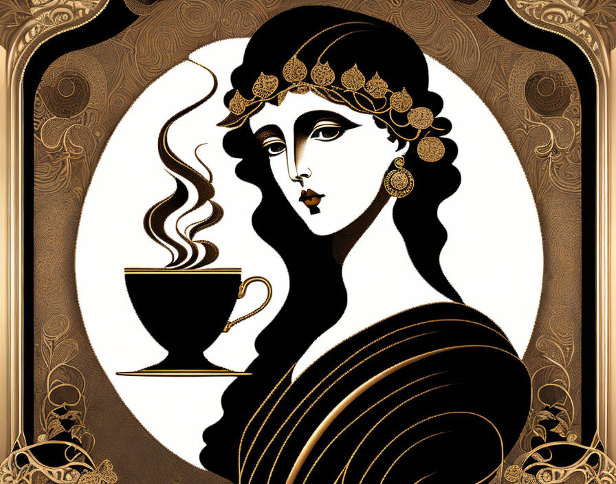 Art Nouveau-style woman with headpiece and coffee cup illustration