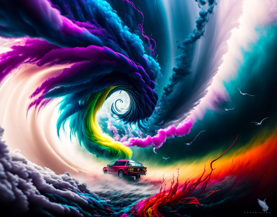 Colorful surreal landscape: car speeds from swirling vortex, birds in stormy sky