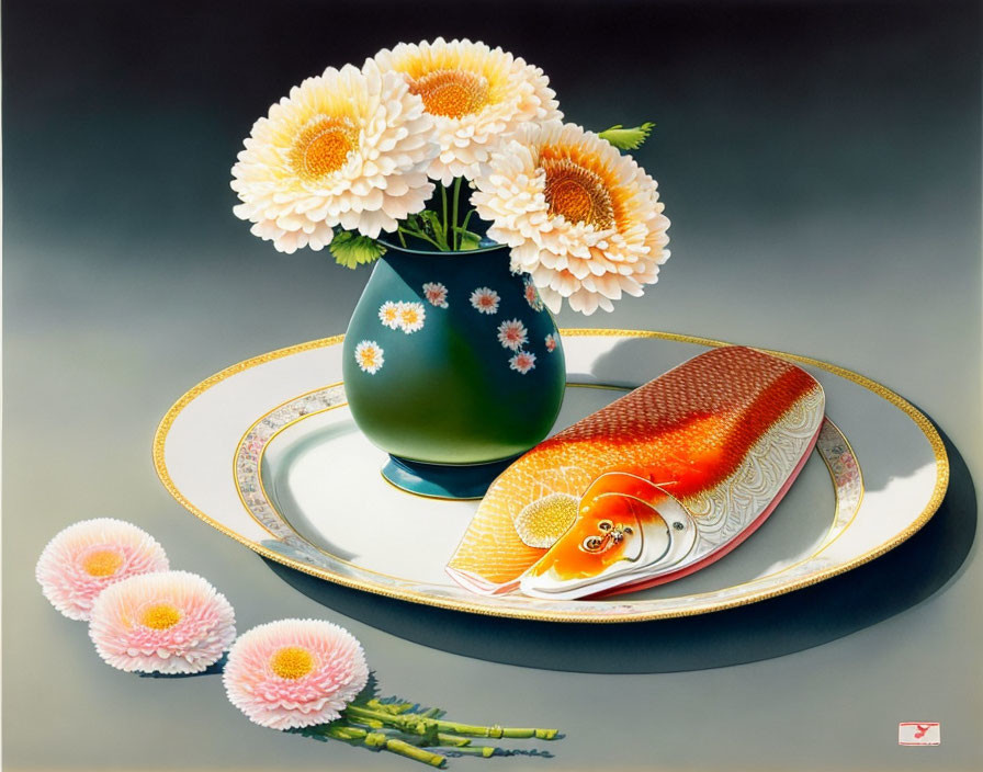 Colorful Fish Painting with Lemons and Daisies on Tray