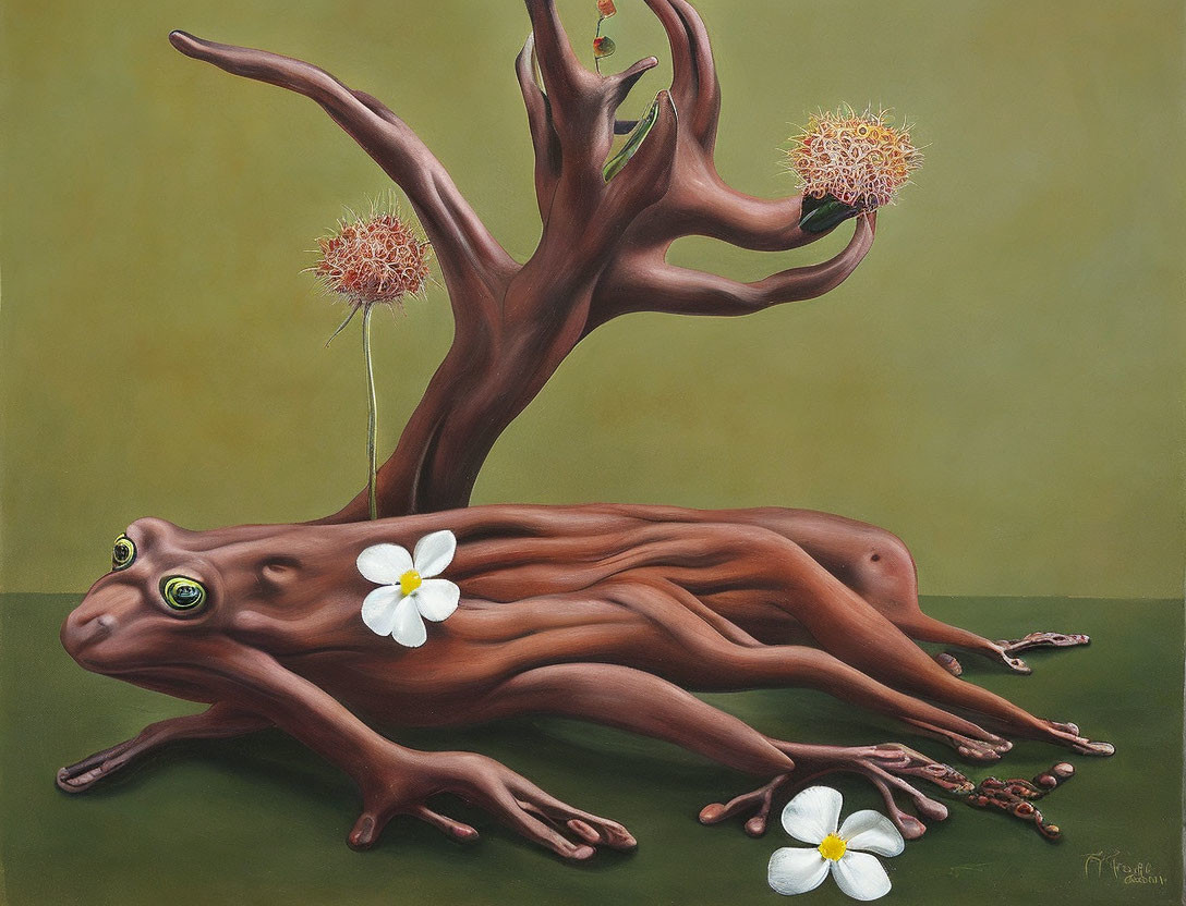 Surreal painting of frog with tree-like body and flowers.