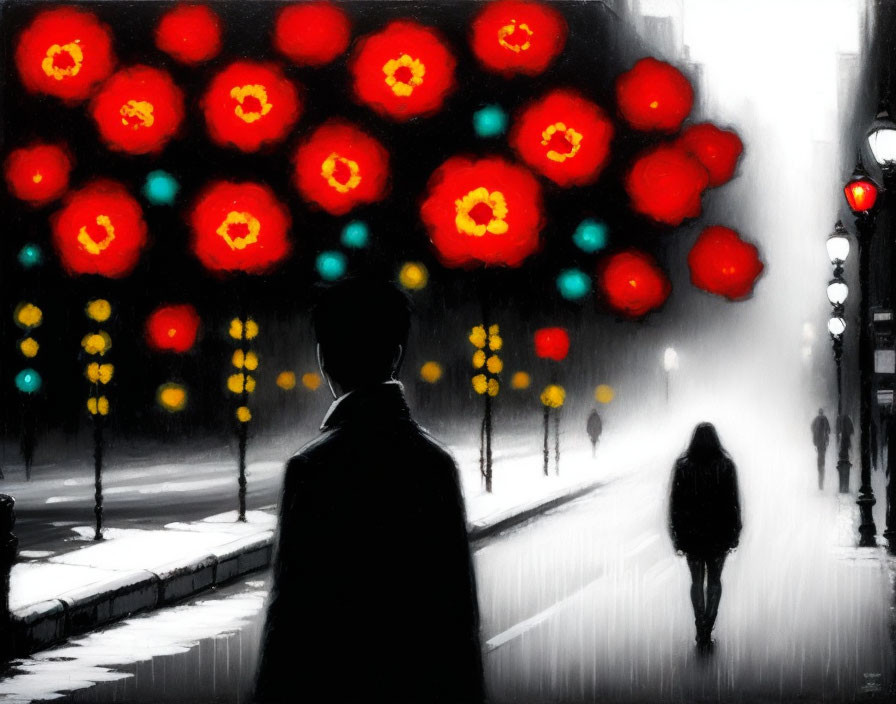 Stylized painting of person on misty, lamp-lit street