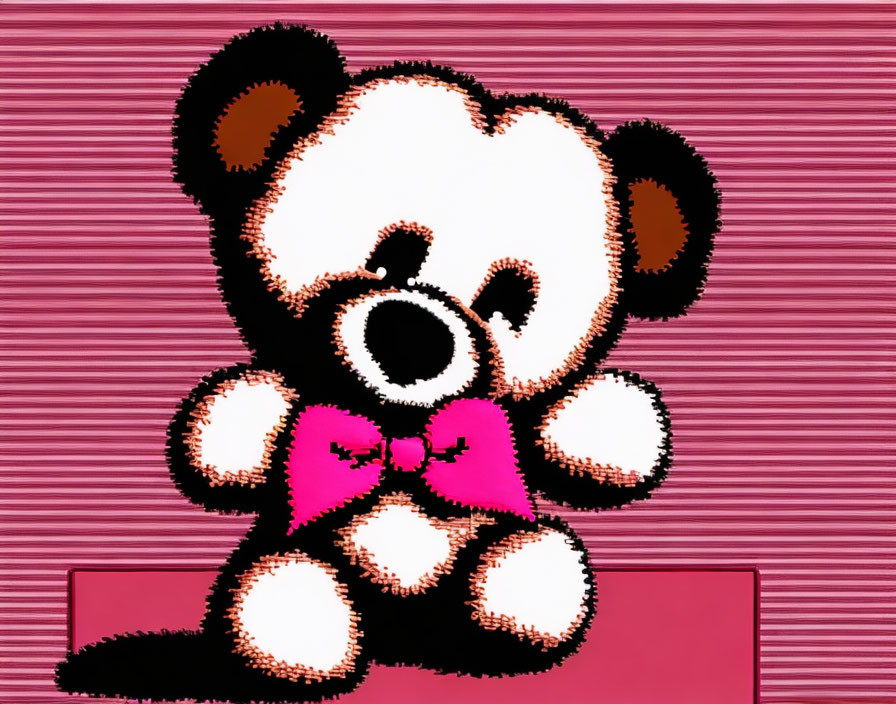 Pixelated cute teddy bear with pink heart and bow tie on striped pink background