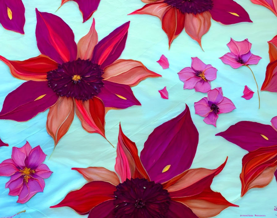 Colorful Floral Painting: Large Red and Pink Blooms on Soft Blue Background