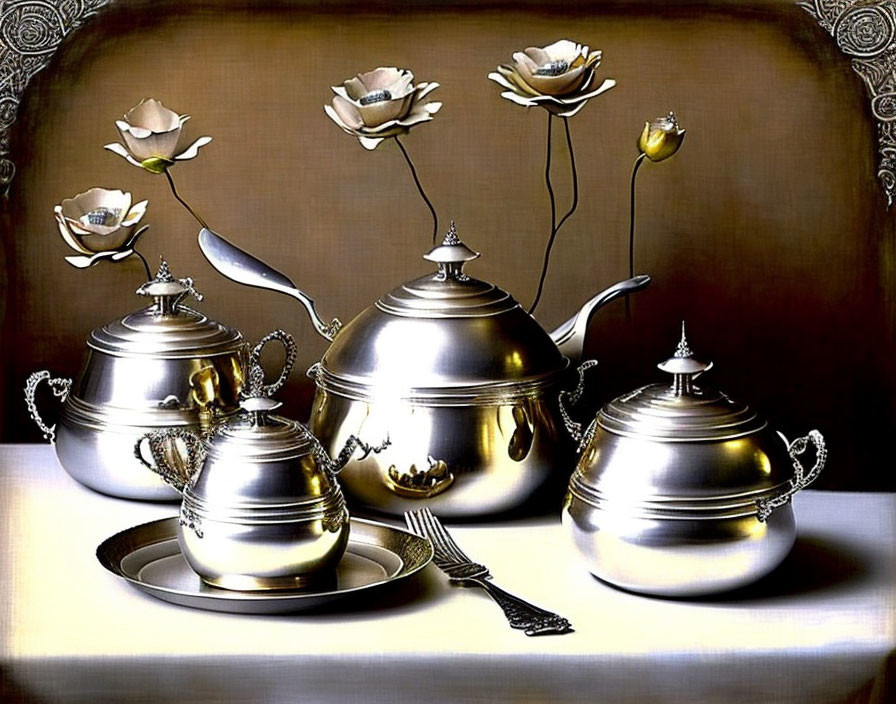 Elegant Silver Tea Set with Floral Motifs on Linen-Covered Table