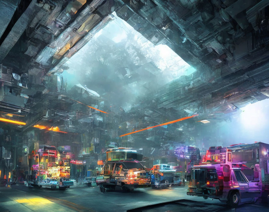 Neon-lit vehicles in futuristic urban scene