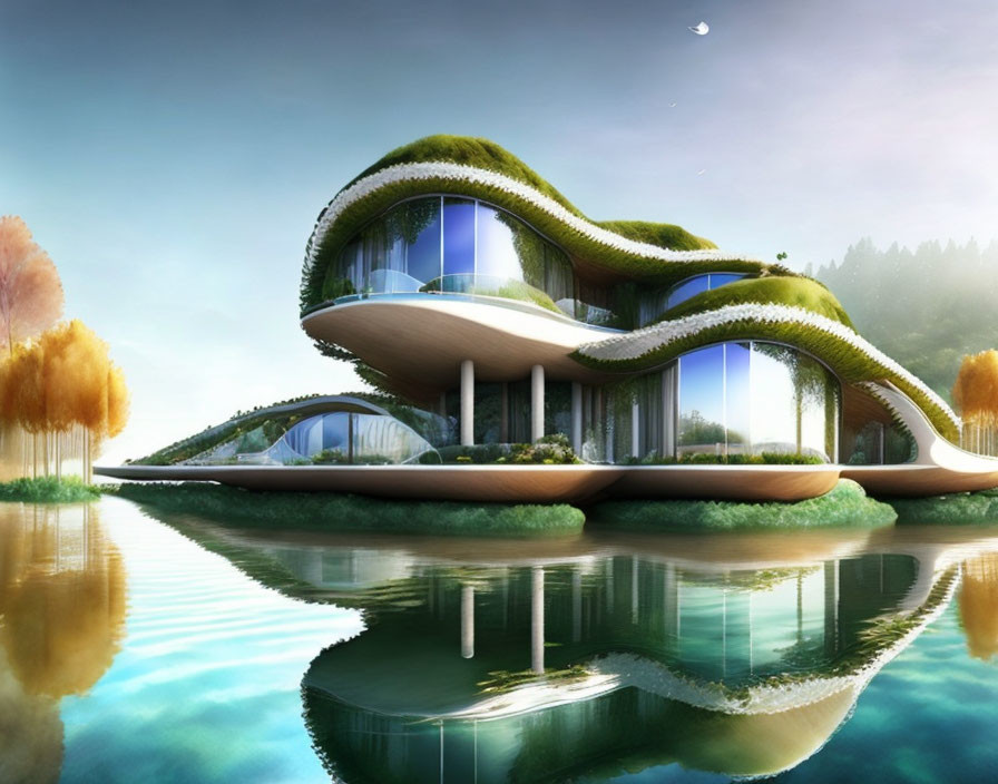 Organic Curved Greenery House with Reflective Windows and Water Body