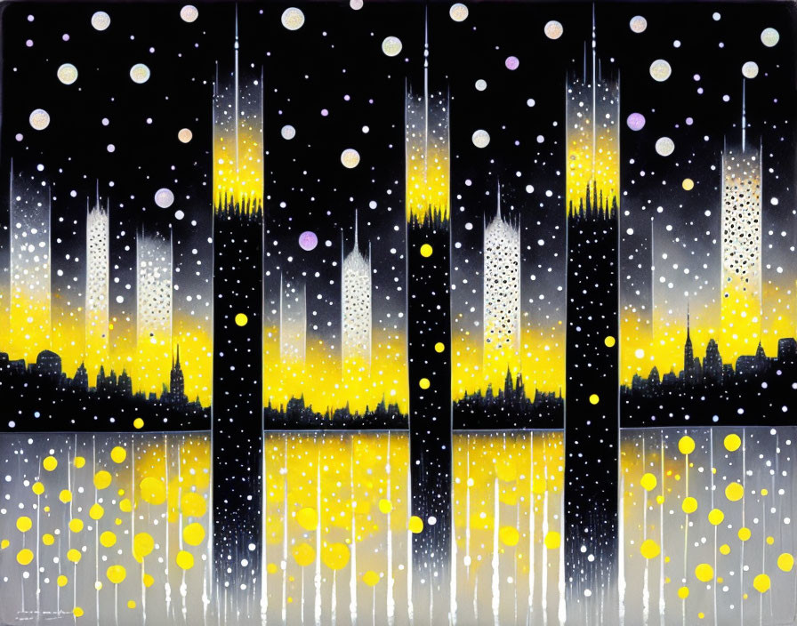 Vibrant city skyline abstract art with colorful dots and vertical drips