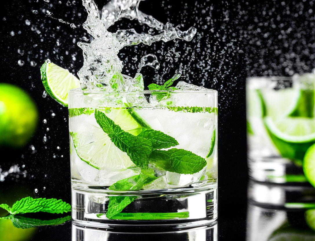 Mint Mojito Cocktail with Lime and Splashing Water