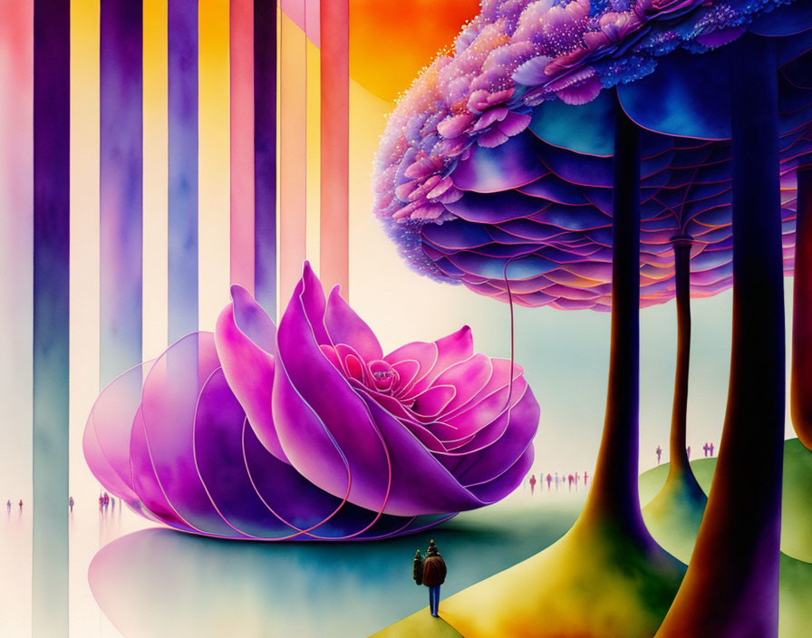 Colorful surreal landscape with large purple rose structure & whimsical trees